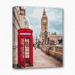 Keretre feszített számfestő - Londoni telefonfülke