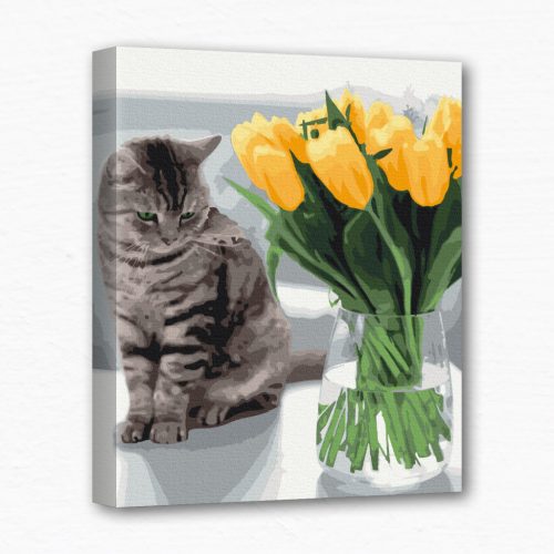 Keretre feszített számfestő - Cica és tulipán